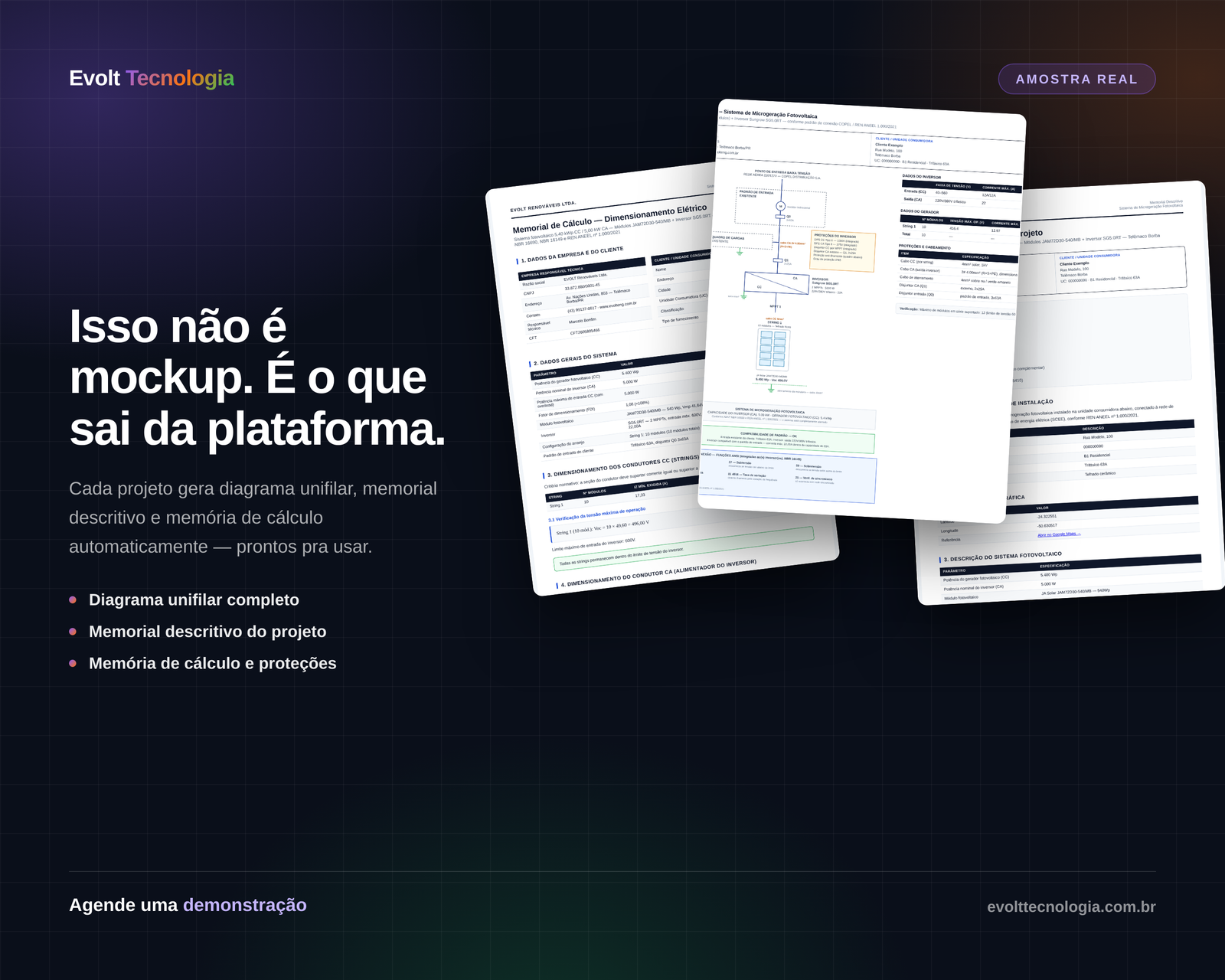 Amostra real de documentos gerados pela plataforma Evolt Tecnologia: diagrama unifilar, memorial descritivo e memória de cálculo